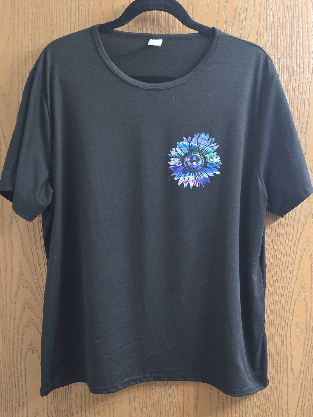 Black Tee with Blue-Purple Sunflower Graphic